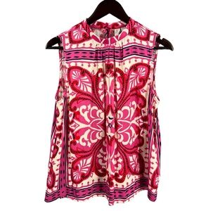 Joie Blouse Pink White Sleeveless High Neck‎ Ornate Pattern Silky Feel Large